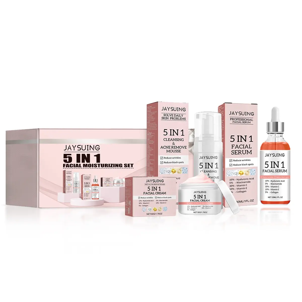 5-In-1 Facial Care Set with Cream Cleansing Mousse & Serum, Hydrating Moisturizing Skincare for Women, Multi-Pack Face Products, Facial Serums Set, Skin Care Sets, Essential Kit, Skin Care Kits
