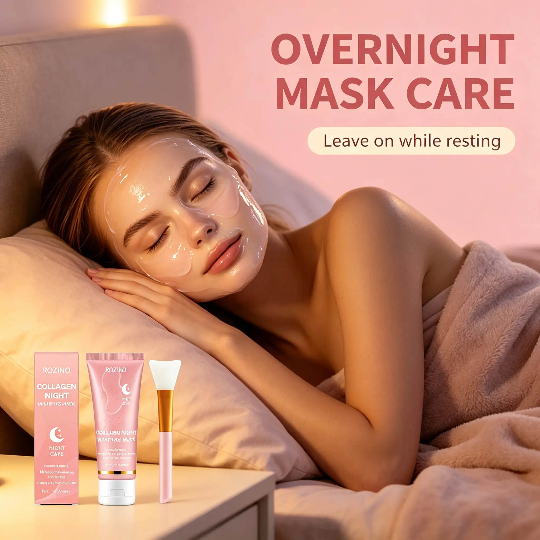 ROZINO Collagen Night Wrapping Sleeping Mask with Applicator Brush, Infused with Vitamin C, Green Tea & Aloe Vera, Intensive Overnight Deep Hydrating Treatment, Firming & Skin Smoothing Night Repair Mask for Daily Night Skincare Routine, 75g Full Size