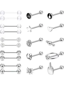 20 Pcs 14G Tongue Bars for Women Men Steel Nipple Bars Tongue Bar Piercing Set Silver/Black Straight Barbell Piercing Jewellery 16mm