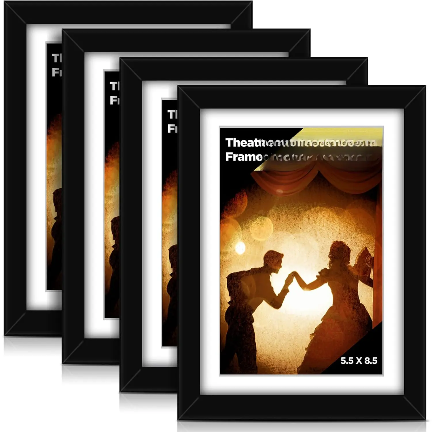 4 count Theatre Bill Frame with Mat Holds 5.5 x 8.5 Inch Theatre Bill Media Ticket Frame with Easel Stand and Installed Hanger for Gallery Poster Wall Hanging or Tabletop Display (White)