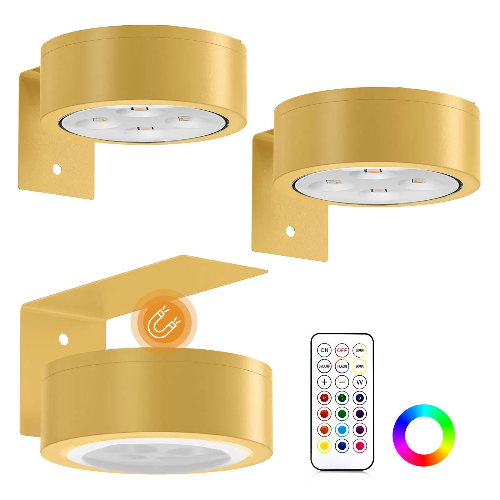 3-Pack Magnetic Puck Lights with Rack, RGB Color-Changing Ambient Lighting, Wall-Mounted Dimmable Night Light for Painting Artwork Poster, No Wiring Needed, AA Battery Powered (Batteries Not Included)