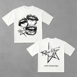 Graphic Lips Star Print Y2K Grunge Graphic Tee, Vintage Streetwear Shortsleeve Drop Shoulder Unisex T-Shirt, Casual Summer Crewneck Top for Men Women