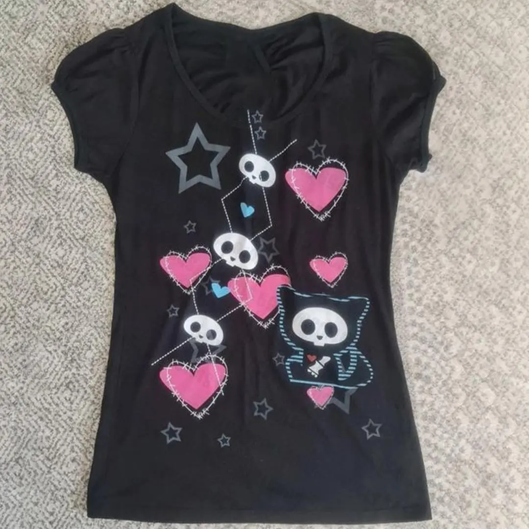Baby Tee Letters Print Gothic Vintage Punk Black Crop Tops Women's Streetwear Baby Tee Vintage Short Sleeve T-Shirt Y2k Clothes Emo Grunge Clothes Y2k Tops Woman T-shirts Women's Cropped Baby Tees Y2k Top Emo Kpop Gothic Kawaii Aesthetic Clothing Anime