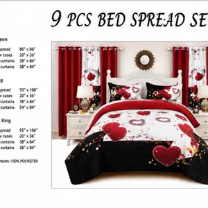 ️ Romantic Hearts 9-Piece Bed Spread Set with Matching Curtains | King Size Bedroom Collection / Juego de Cama King de 9 Piezas con Cortinas Incluidas | Diseño Romántico de Corazones