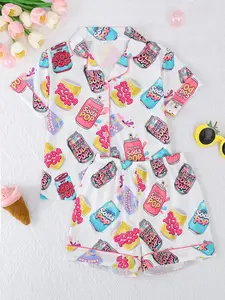 Girls' Cartoon All-Over Printed Short Sleeves Fitted Sleepwear Set, Casual Button-Front Design & Contrast Binding, Spring Summer Wear