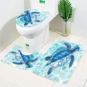 3pcs Turtle ocean style home toilet U-shaped floor mat toilet lid mat bathroom door mat absorbent carpet flannel anti slip mat Bathroom Toilet Rugs