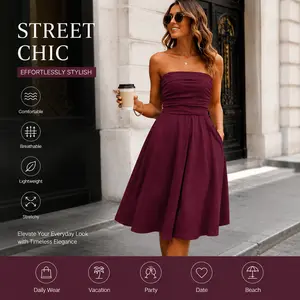 Women's Strapless Tube Dress Sleeveless High Waist Swing Midi Dress Casual Vacation Party Dress with Pockets