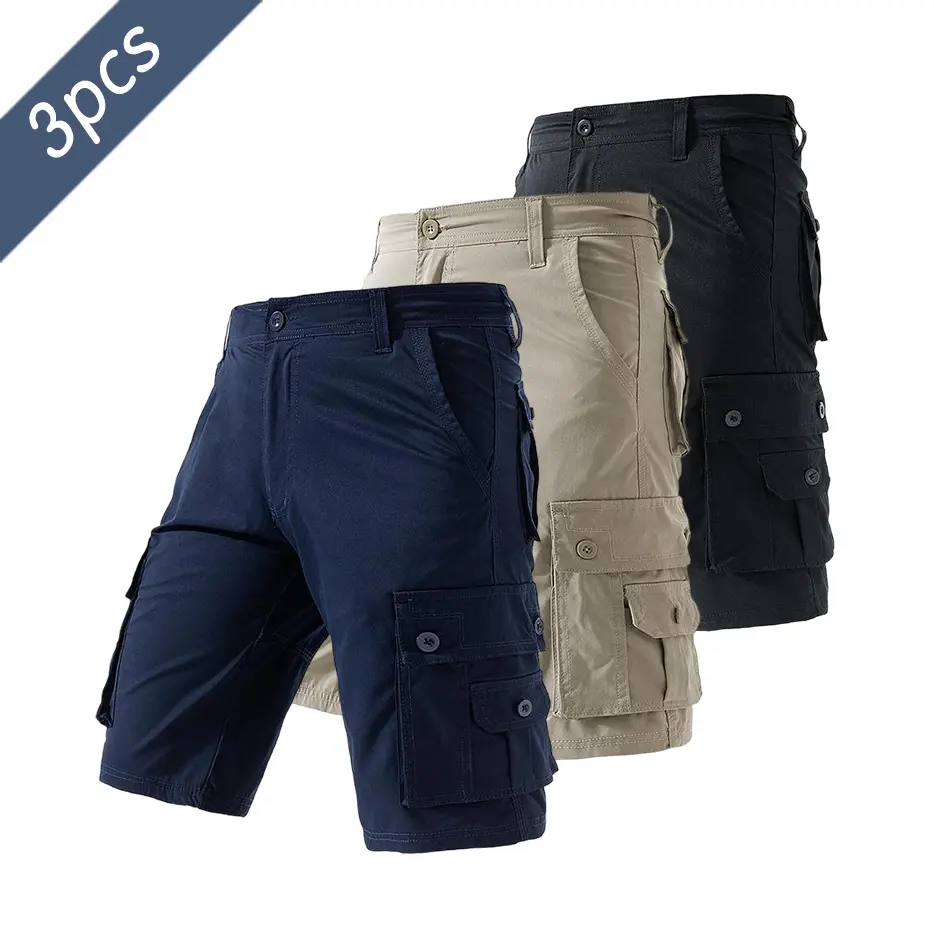 3-Pack Men’s Multi-Pocket Cargo Shorts, Summer Outdoor Casual Straight-Leg Knee-Length Loose Plus Size Tactical Shorts