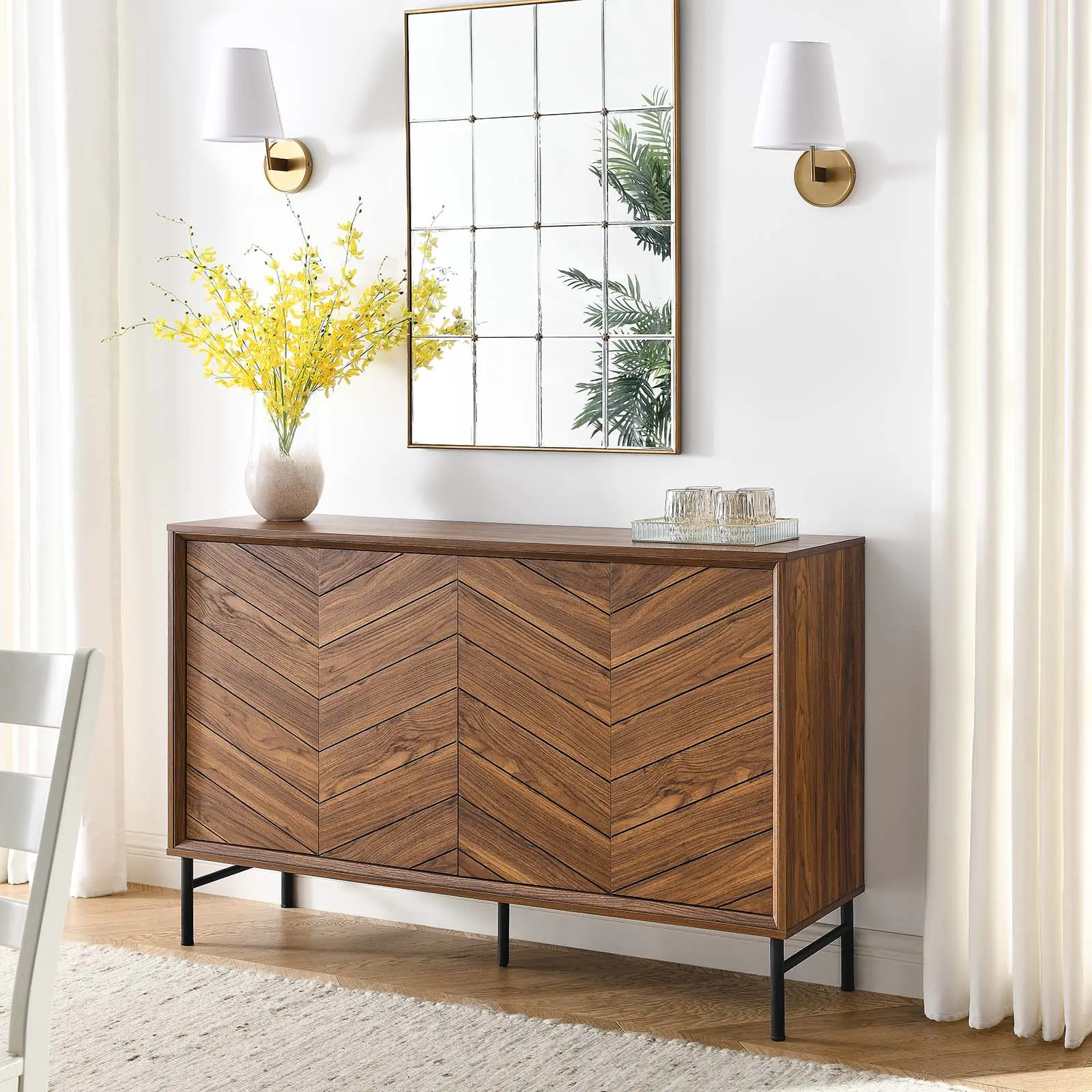 Modway Harper Chevron Sideboard - Walnut Buffet Storage Cabinet, Credenza Storage Cabinet for Indoor Home Use