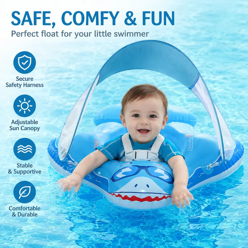 Shark-Shaped Baby Inflatable Swim Float, Toddler Water Sports Pool Toy with Sun Canopy and Safety Harness