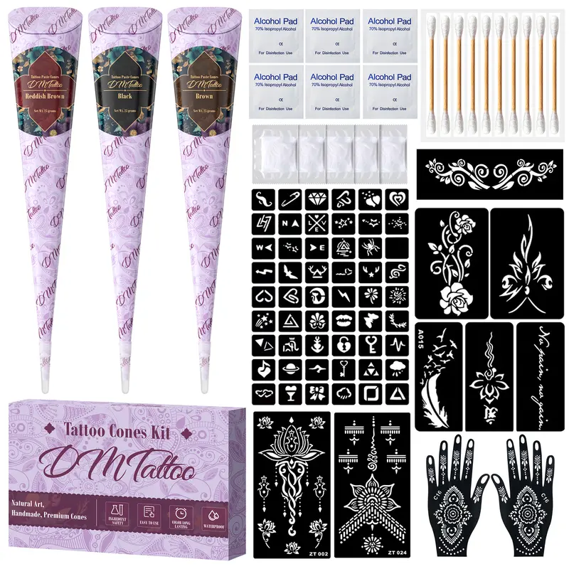 DIY Tattoo Stencil Kit 3 Tattoo Cones Set with Gloves Cotton Swab for Women Men Kids Party Gifts Long Lasting Body Art Designs