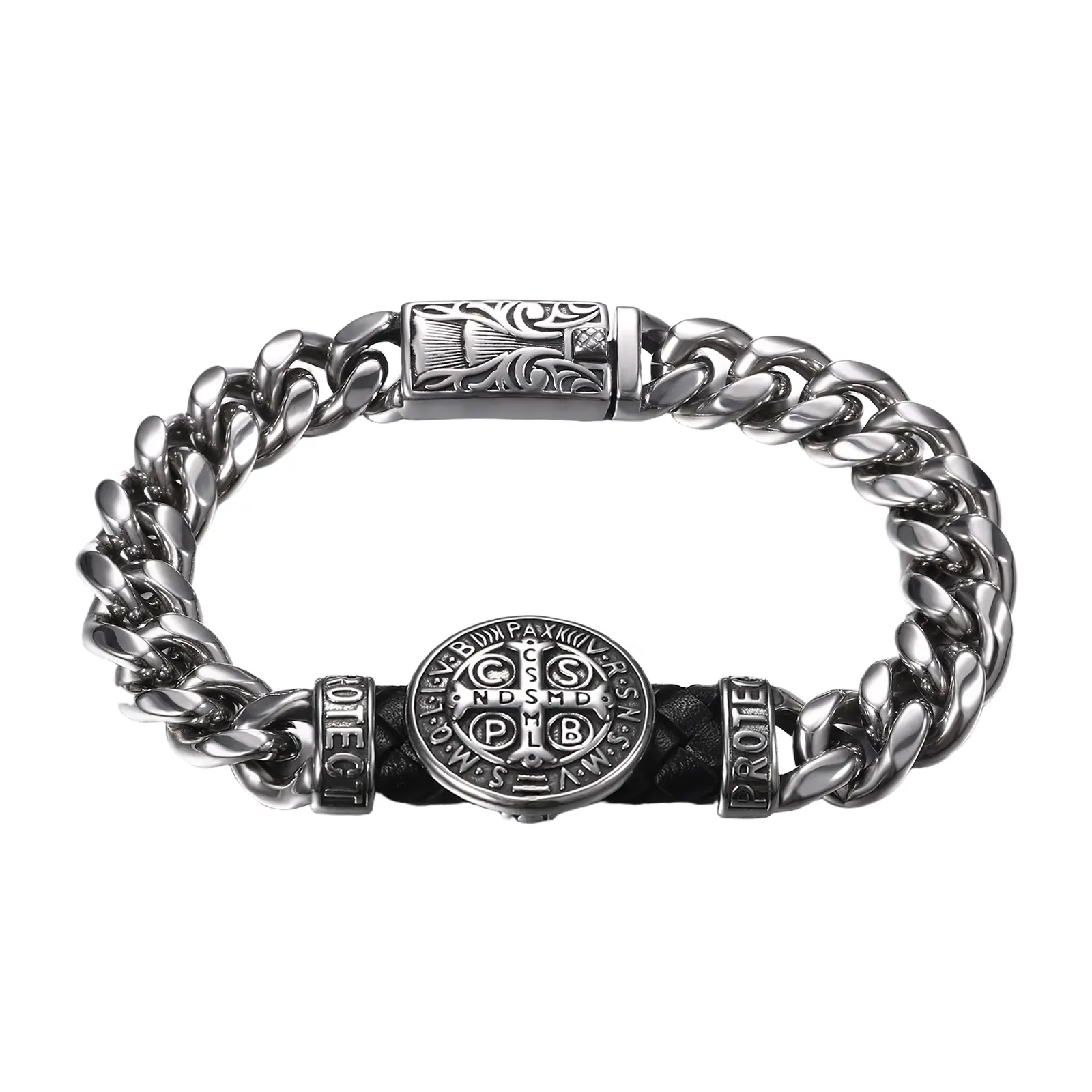 OIDEA St Benedict Bracelets for Men, San Benito Medalla Catholic Bracelet, 316L Stainless Steel Cuban Link with Leather Cord