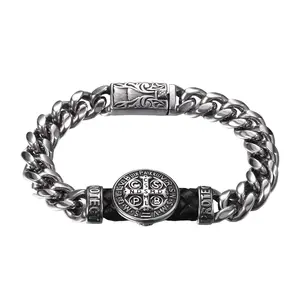 Men's St. Benedict Bracelet: 9-Inch Cuban Stainless Steel Chunky Silver Chain with St. Benedict Medal Catholic Bracelet