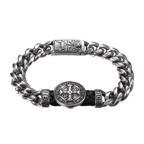 OIDEA Men's St. Benedict Cuban Link Bracelet for Adults - 9.06in Long, 0.47in Wide, 316L Non-Tarnish Stainless Steel & Leather Cord, Catholic Medal, Faith-Symbolizing Fashion Jewelry
