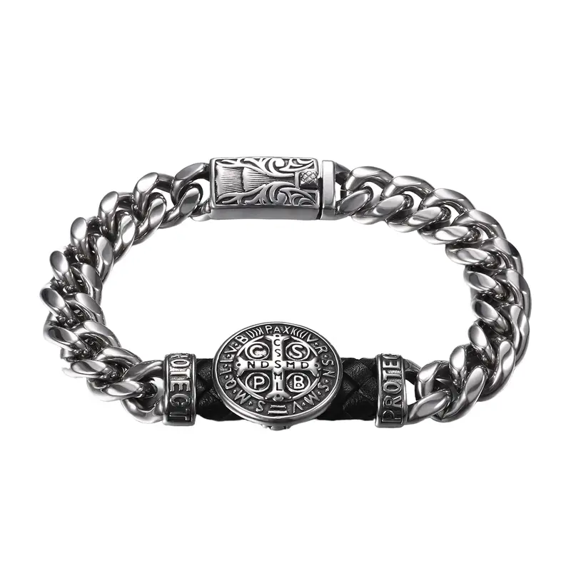 OIDEA Men's St. Benedict Cuban Link Bracelet for Adults - 9.06in Long, 0.47in Wide, 316L Non-Tarnish Stainless Steel & Leather Cord, Catholic Medal, Faith-Symbolizing Fashion Jewelry