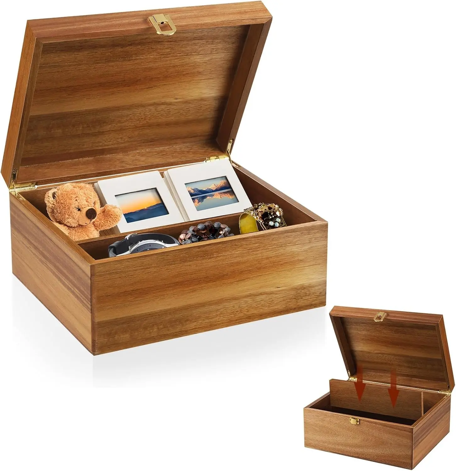 Wooden Keepsake Box, Large Acacia Decorative Storage Boxes | with a Hinged Lid, Memory Treasure Box with Dividers for Crafts and Photo Storage