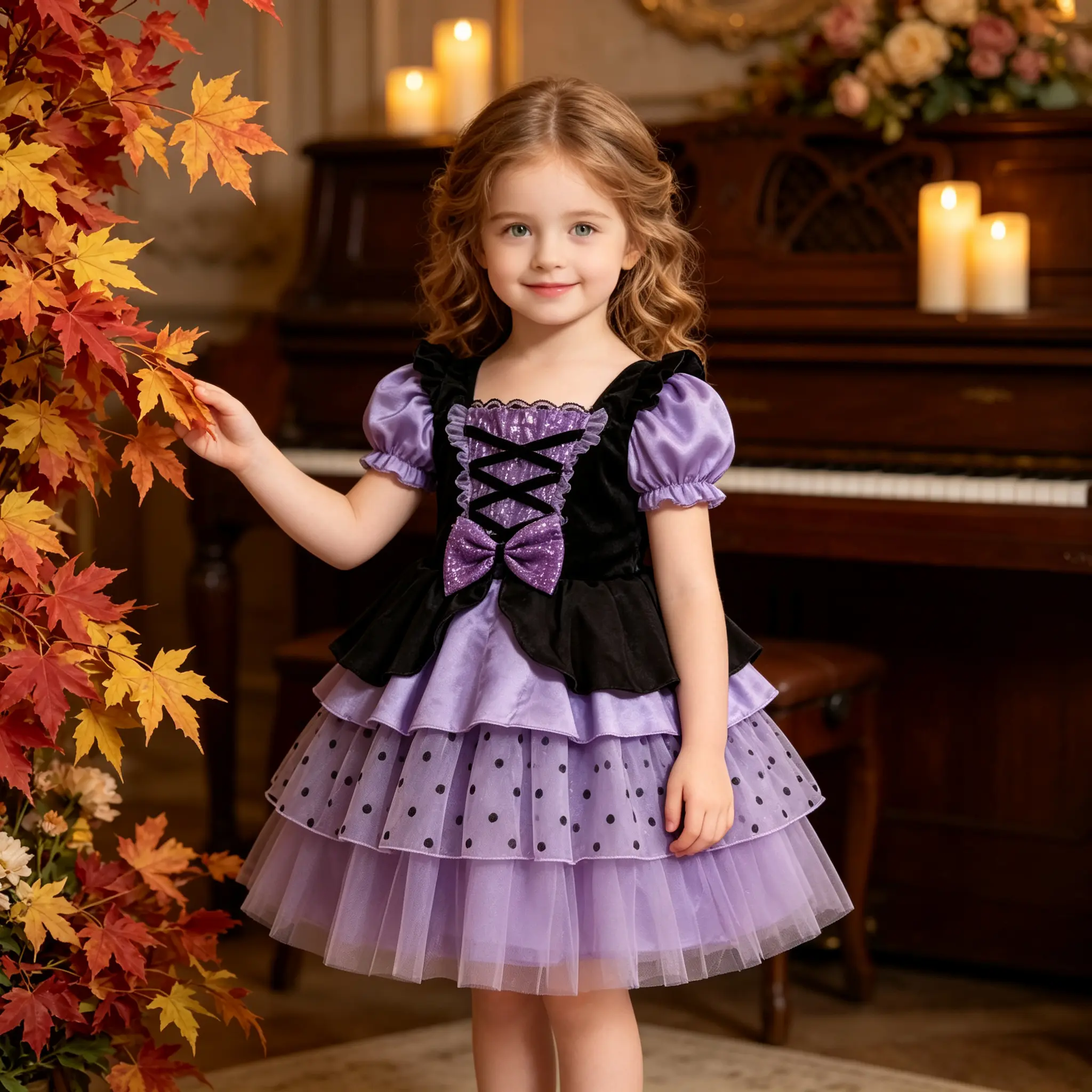 Vintage Purple Black Girls Princess Tutu Dress, Kids Halloween Cosplay Costume with Puff Sleeve, 3-12 Years Children Polka Dot Layered Tulle Dress, Girls Party Outfit For Halloween Dress-up, Birthday Gathering, Show Performance