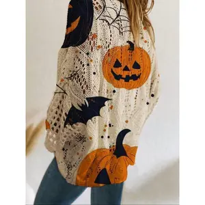 Halloween Pumpkin Print Long Sleeve Knitted Top, Casual Elegant Vacation Style, Loose Batwing Shoulder Design