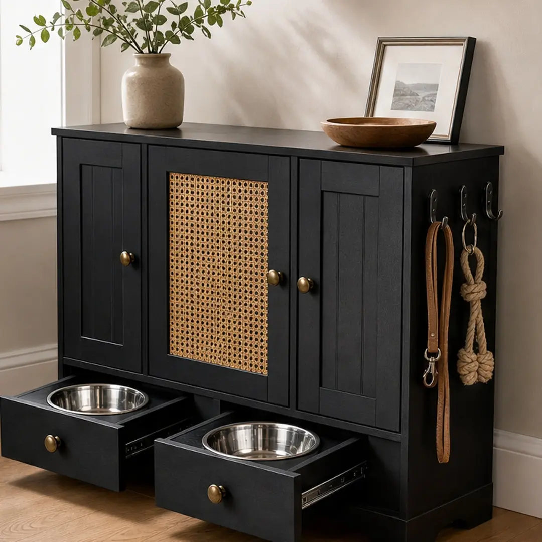 Pet Feeding Station with Storage Cabinet, Elevated Dog Bowls with 2 Stainless Steel Bowls, Pull-Out Drawer, Side Hooks, Anti-Tip Kit, Hidden Food Storage for Dogs Cats, Black Vintage Particle Board, Black+Vintage Color Options
