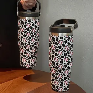 30oz Handheld Insulated Cup with Baseball Leopard Print, Large Capacity Stainless Steel Water Bottle with Straw, Stainless Tumbler, Ideal for Sports Outdoor Home Travel Gift
