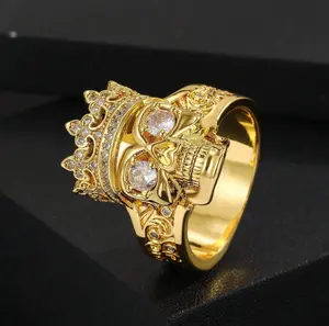 1pc Men's Ring, Crown Skull Design Luxury Synthetic Cubic Zirconia Embellished Punk Copper Ring, Vintage Gold Plated, Elegant Single Ring Jewelry Gift