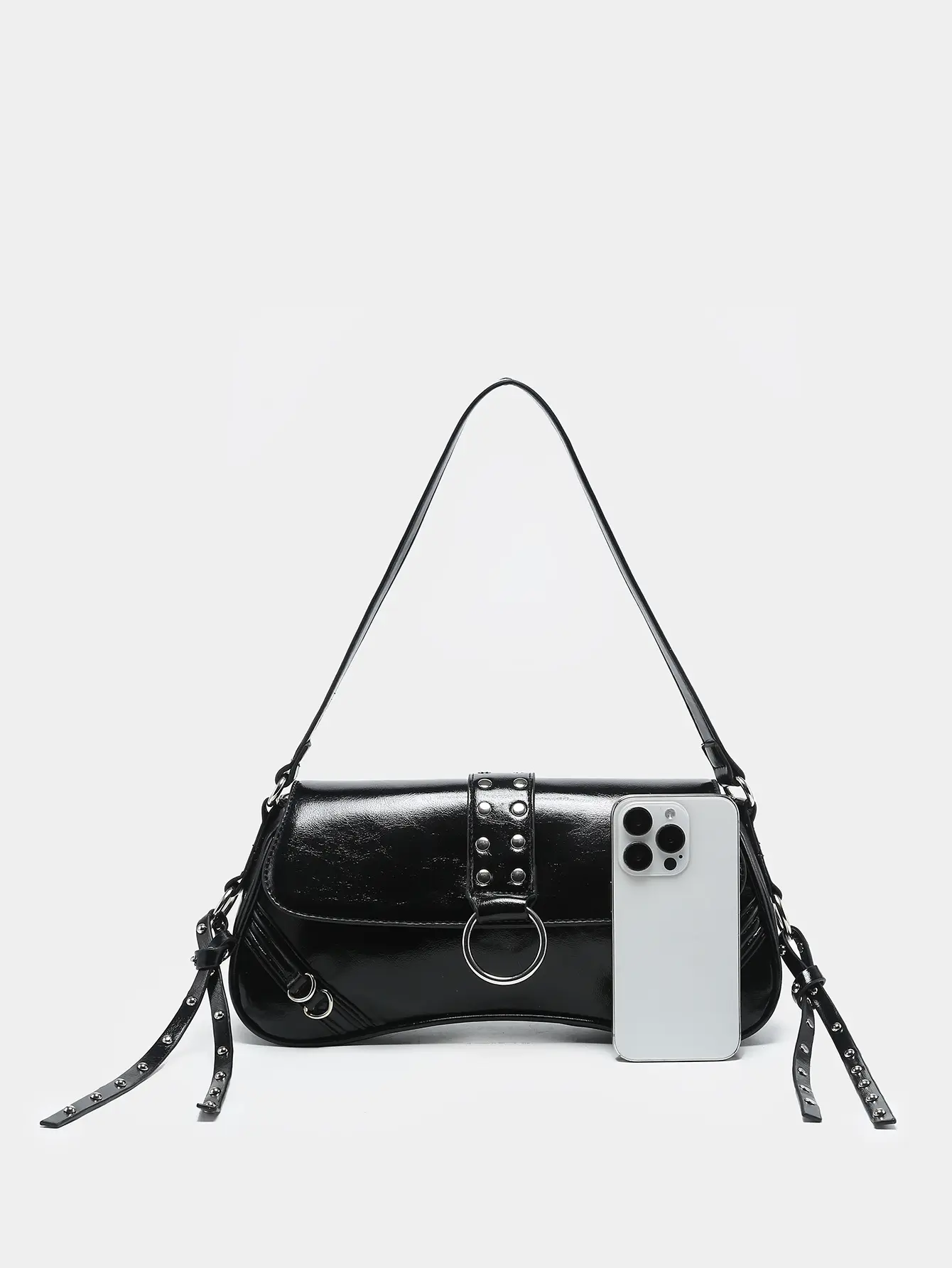 Edgy Y2K Black Baguette Bag for Women - Glossy Faux Leather with 