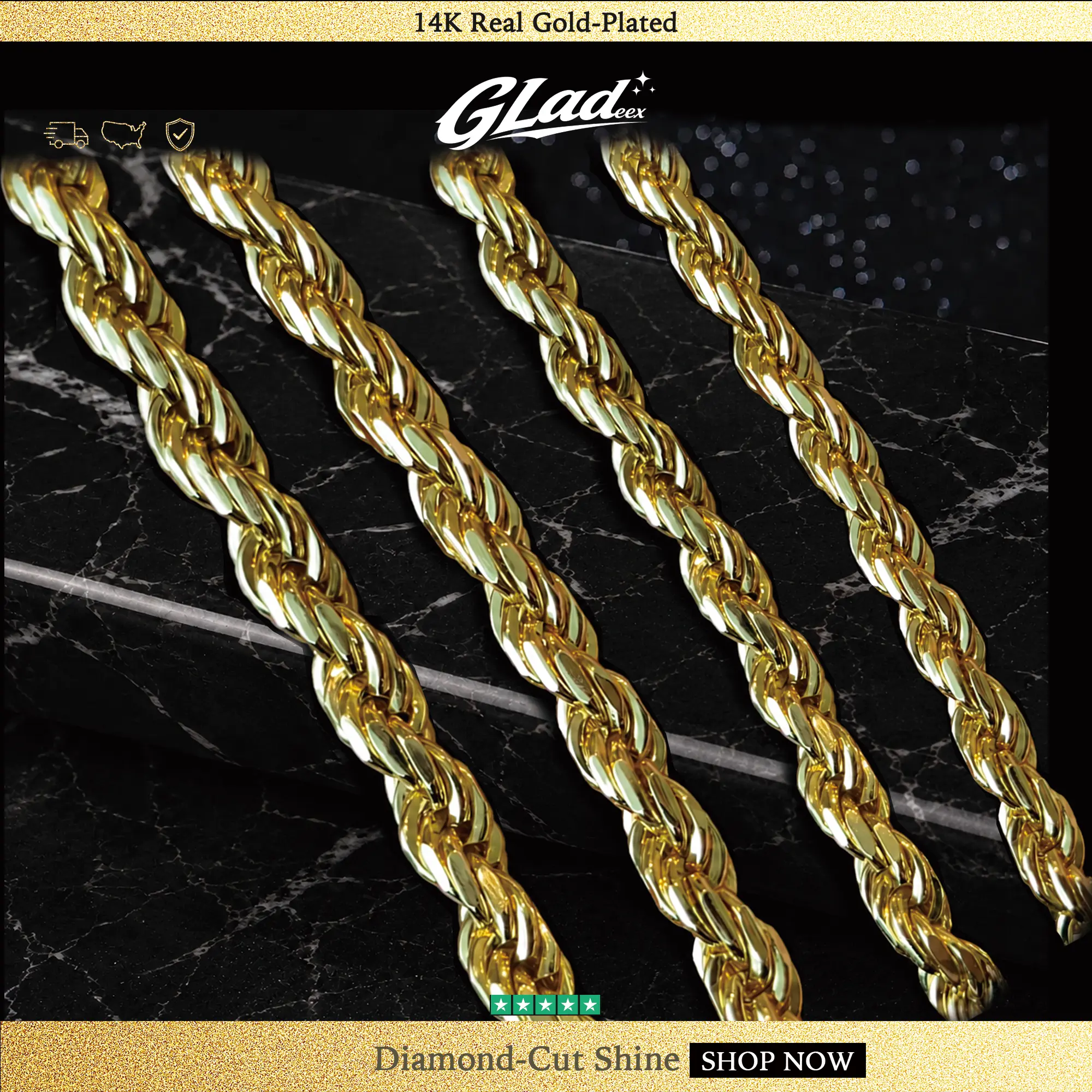 14K Gold Plated Rope Chain Necklace for Men – Diamond Cut Shine Gold Chain, Tarnish Resistant Hip Hop Jewelry, Gift for Him 22/24 Inch
