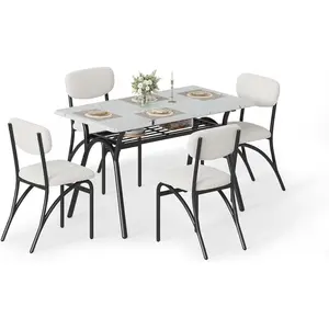 Space-Saving 5-Piece Dining Table Set – Modern Rectangular Faux Marble Kitchen Table with Storage Shelf & 4 Boucle Upholstered Chairs – Home Furniture for Apartments
