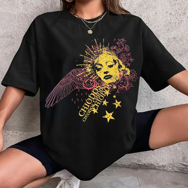 Lady's Short-Sleeve Round Neck Cotton Graphic Top - Chiodos Band Print, Oversized Casual Streetwear Screamo Rock Merch for Music Lovers, Shortsleeve, Crew Neck, Digital Print, Retro, 3Xl, 5Xl, All Seasons