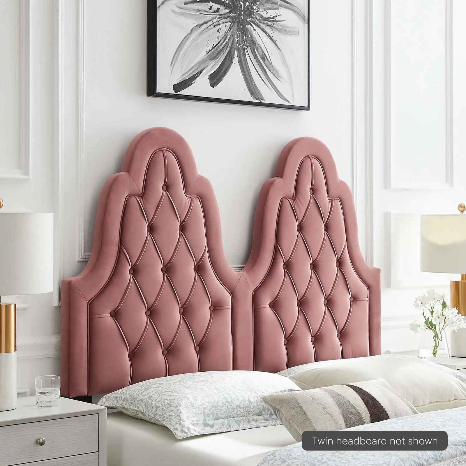 Modway Augustine Tufted Performance Velvet Twin Headboard, Dusty Rose - Adjustable, Attachment Point Design, Unique Silhouette, for College Dorm Room & Indoor Use, Adjustable Headboards