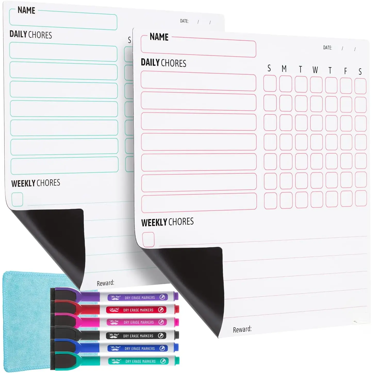 Dry Eraser Chore Organizer Board, 2-Pack with 6 Eraser Cap Writing Markers, Refrigerator Mountable Daily Chores Calendar