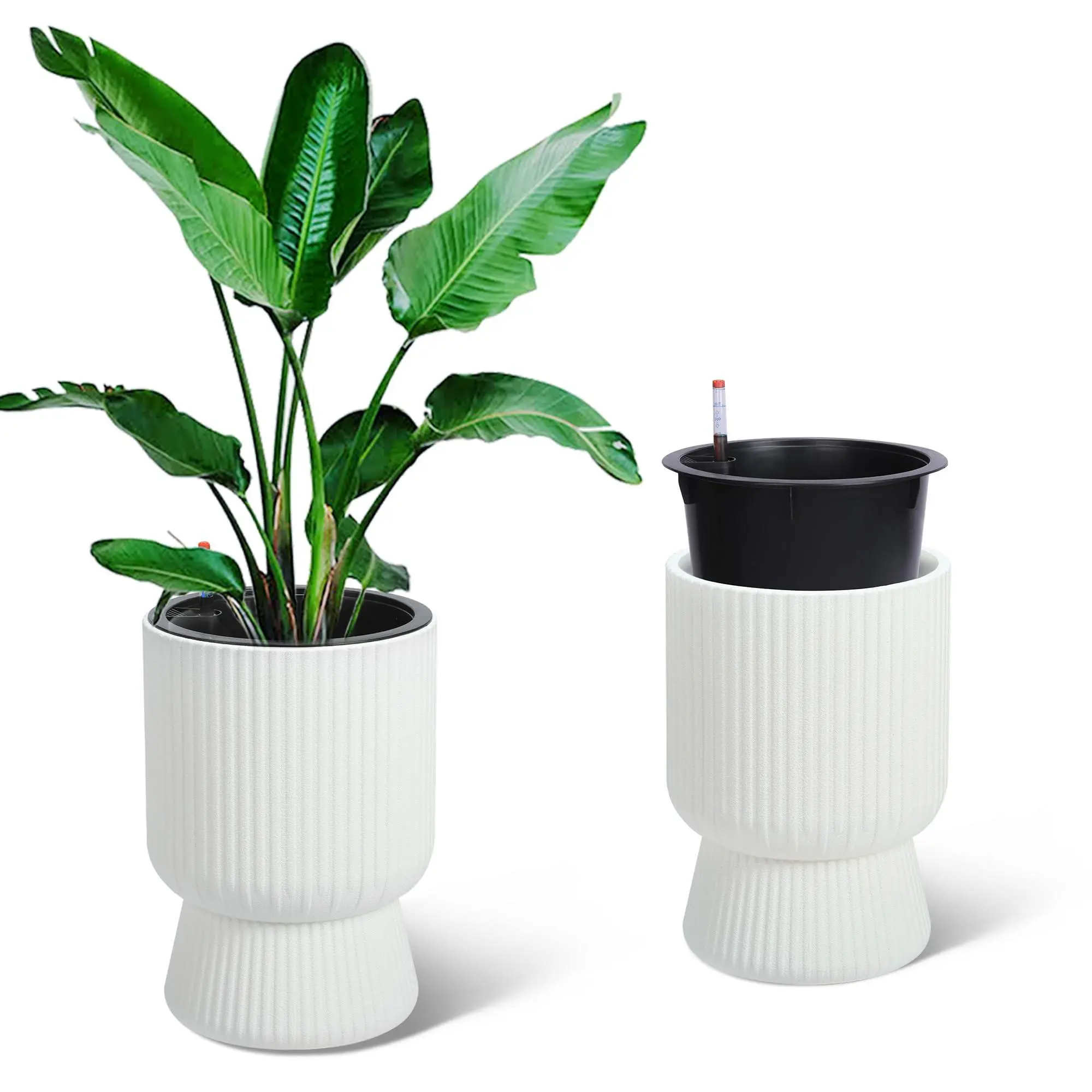 Self-Watering Tall Planters Set of 2, 14.2 Inch Large White Flower Pots with Drainage and Water Level Monitor for Patio Porch Living Room and Office, White