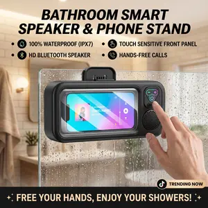 Shower Wall Mount Phone Holder with Bluetooth Speaker, IPX7 Waterproof Touch Screen 360° Rotation Phone Case
