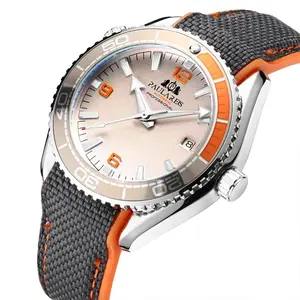 Automatic Watch for Men Mechanical Self Wind Canvas Rubber Strap Orange Blue Red Luxury Wristwatches