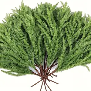 5 super-long 19-inch artificial Norfolk pine branches, dense green needles - heavy-duty plastic artificial Christmas trees, wreaths and DIY handicrafts - realistic winter leaves with brown stems, artificial plants, Fake Plant Decoration