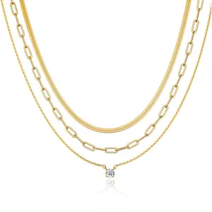Tewiky 14K Gold Plated Layered Set Necklaces for Women, Dainty 14K Gold Plated Layered Zircon Pendant Necklaces Simple Gold Herringbone Snake Choker Cuban Link Paperclip Chain Necklace Jewelry Sets for Women Girls For Valentine's Day gifts