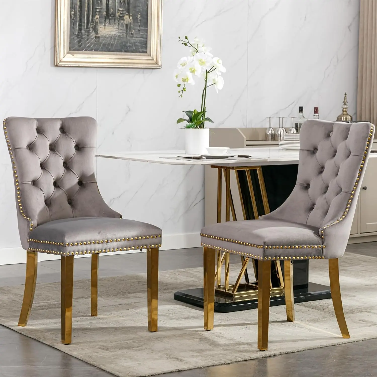 Modern High-End Tufted Velvet Upholstered Dining Chair Set of 2 - Accent Chair with Golden Stainless Steel Plating Legs, Nailhead Trim, Comfortable High Backrest for Dining Room, Living Room, Gray, Dining Room Chairs