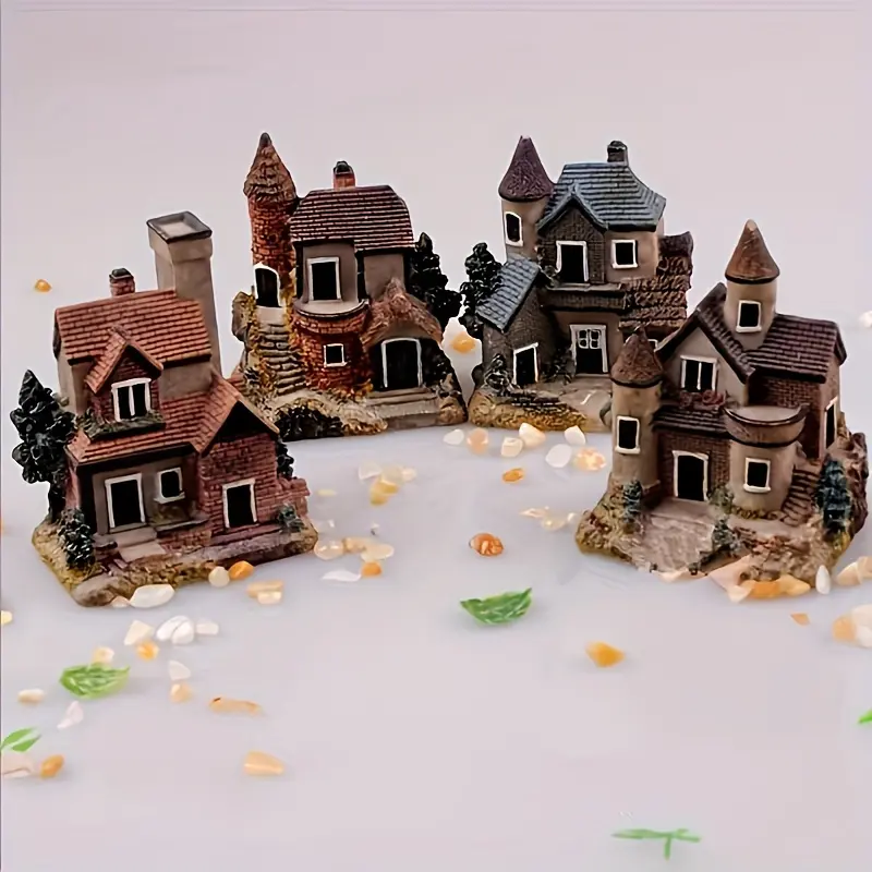 4pcs Resin Miniature Stone House Ornaments - Movie-Themed Resin Figures for Fairy Garden Micro Landscape, Home & Room Decor Statues