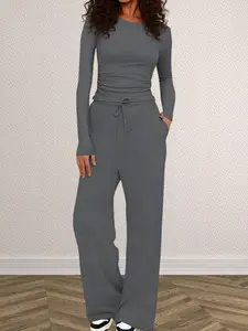 1 Set Women's Fashion Chic Simple Loungewear Set, Solid Long Sleeve Pullover Tops & Elastic Waist Pants Set, Comfortable Soft Casual Pajama Nightwear Set Breathable Lightweight All Match, Suitable For Home Rest And Everyday Leisure