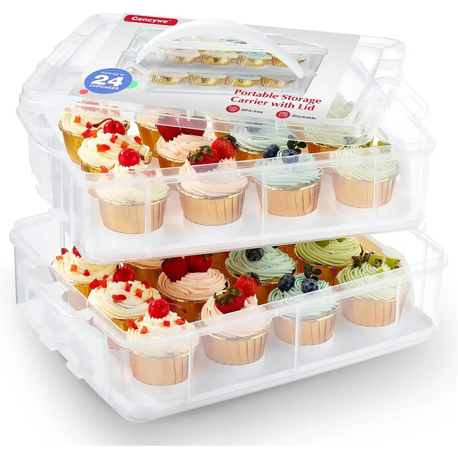 Plastic Cupcake Carrier 24 Count, 2-Layer Cupcake Holder with Lid & Handles, Cookie, Cake, Cupcake and Brownie Storage Carrier, Reusable Cupcake Box