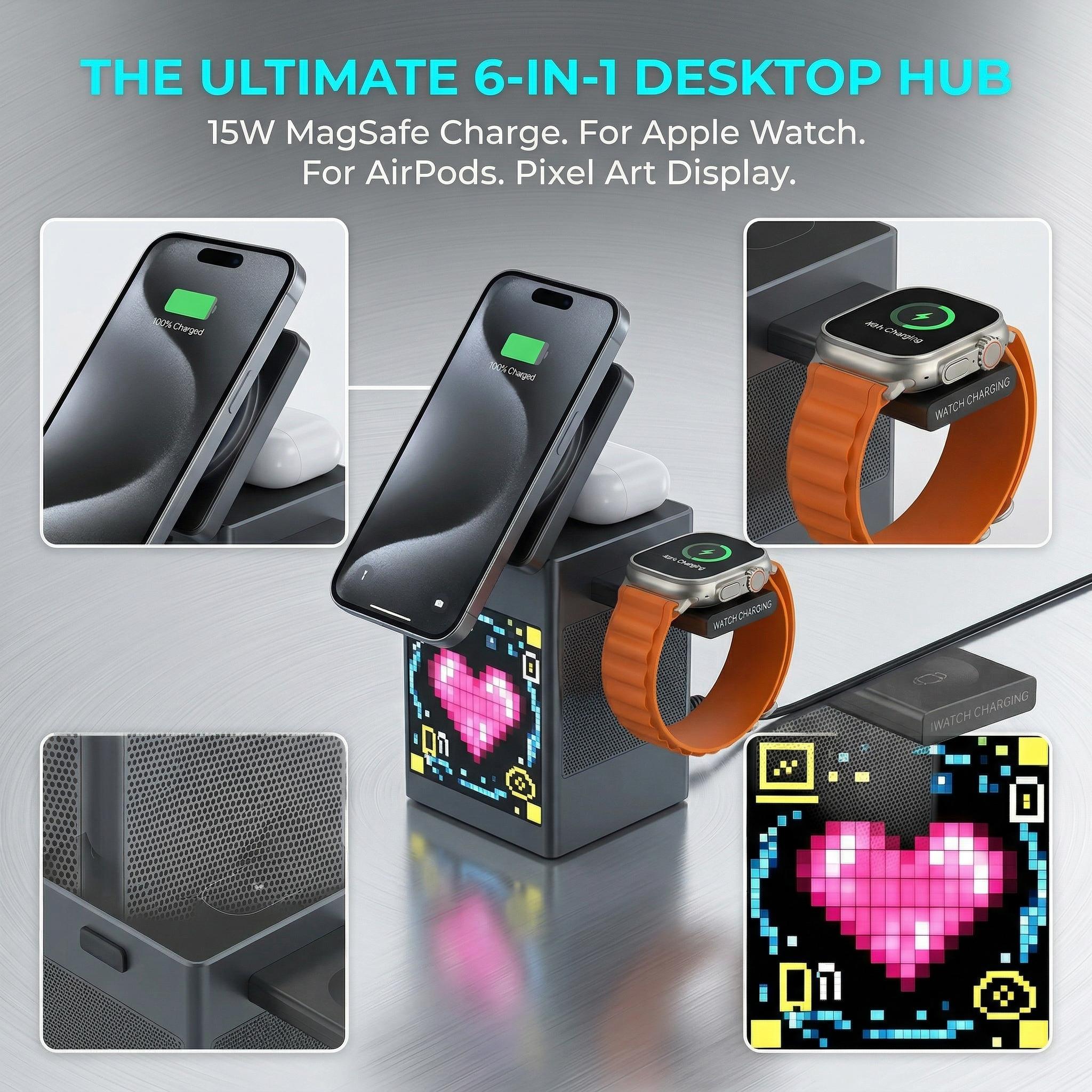 MagSafe-compatible 6-in-1 Charging Station with Bluetooth Speaker, Clock & Pixel Display – Ideal for iPhone, Desk, Travel & Multi-Device Charging | Smart All-in-One Solution for March Madness, Spring Break, World Cup & Easter