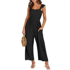 ANRABESS Women Summer Casual Dressy Sleeveless Smocked Wide Leg Linen Jumpsuits Rompers Outfits with Pockets