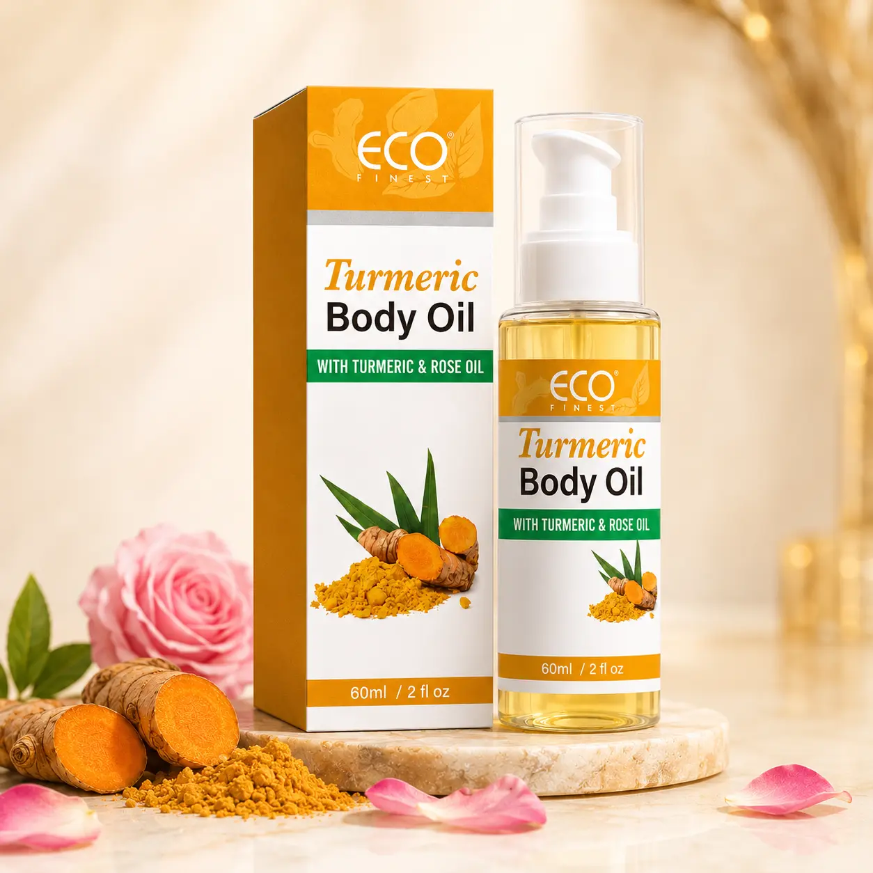 ECO FINEST Turmeric & Rose Infused Moisturizing Body Oil Treatment, 2 fl oz/60ml, Hydrating Skin Care for Dry Face & Body