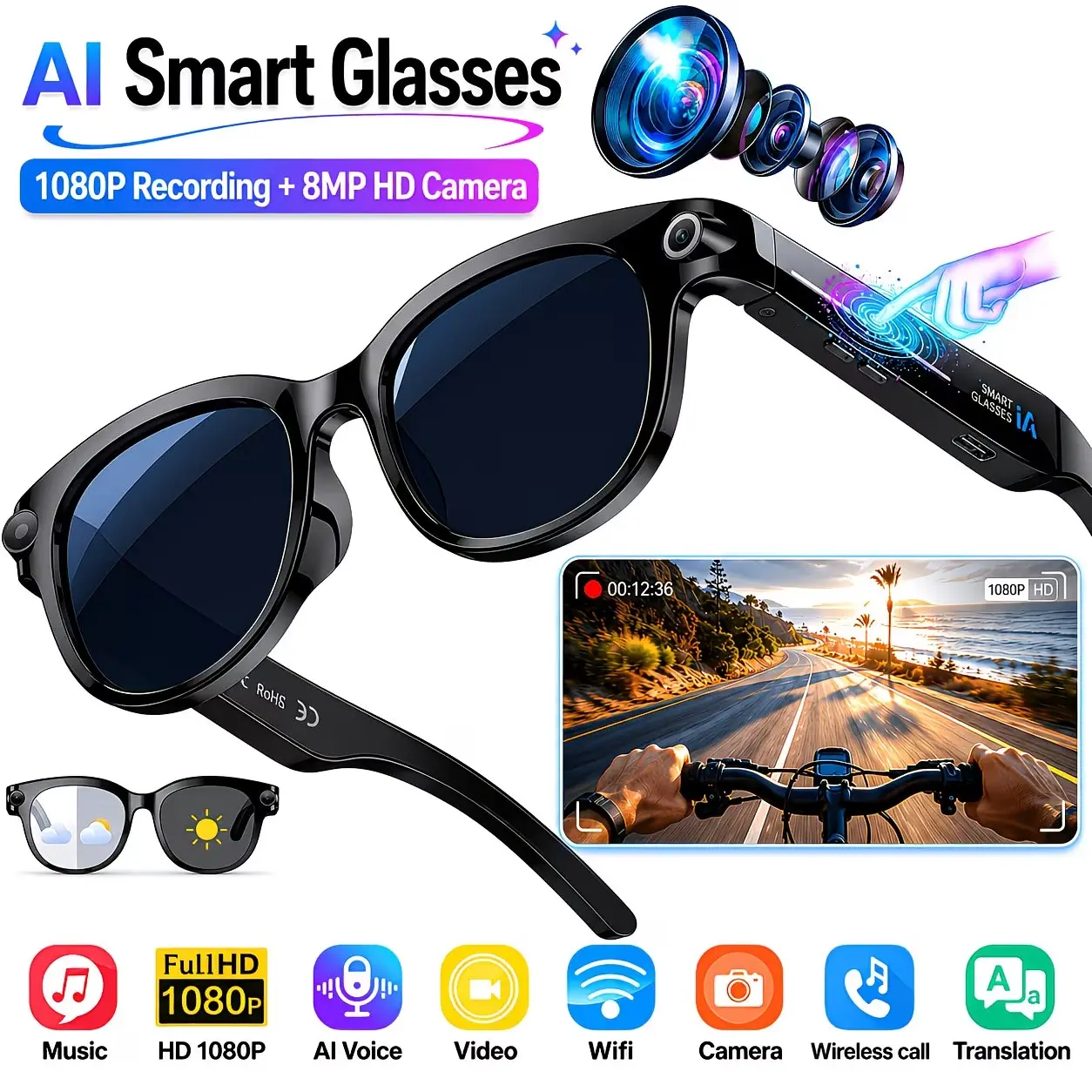 AI Smart Camera Glasses, 8MP Photos & 1080P POV Video, Real-Time Translation, Photochromic Lenses, Bluetooth Calls & Music, Tech Gift for Men & Women