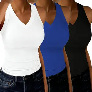 3 Pack Women Summer Stretch Slim V Neck Ribbed Tank Basic Solid Top