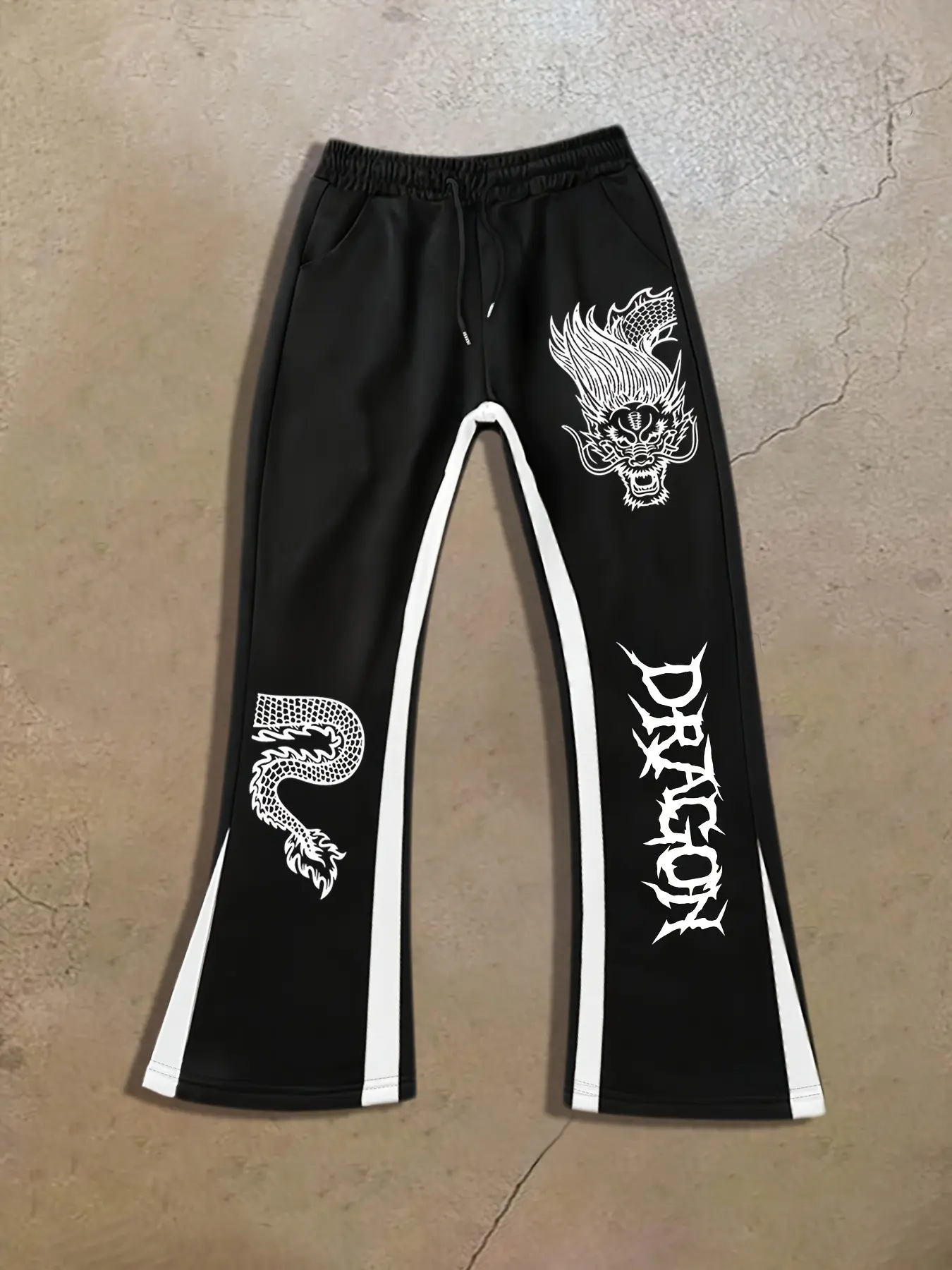 Men's Dragon Print Micro Flare Sports Pants, Y2K Street Style, Gothic Wide Leg Sweatpants, Side Stripe Casual Vintage Bottoms