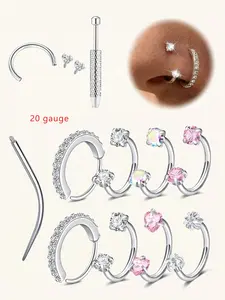 Hypoallergenic Cz Horseshoe Nose Ring, Stainless Steel 18/20 Gauge 8mm Hoop, Internal Thread Design for Nose, Cartilage, Tragus, Helix & Lip Piercings