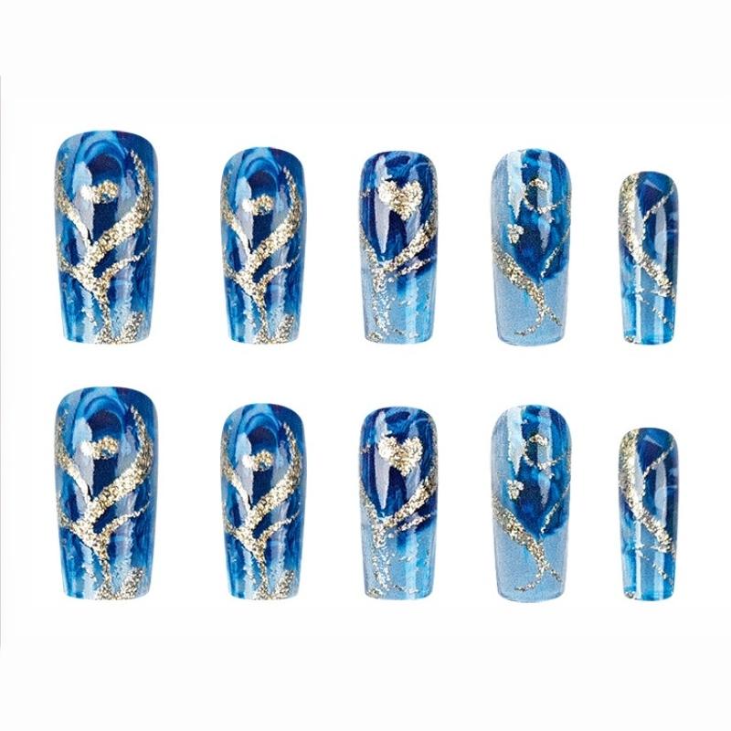 24 Pack Blue ombre Fake Nails - Gold Glitter Wave Heart Press on Nails with Bling Rhinestones（Reusable, No Glue Needed） 【Key Features】24PCS Gradient Blue Hearts Press on Nails 💎 Gold Wave Glitter Fake Nails For Teens 🔥 Quick Apply 30s