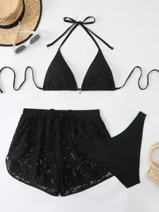 New European and American Sexy Lace Bikini Three-Piece Set, Trendy Short Pants, Perfect for Beach and Poolwear, Stylish Swimwear Collection