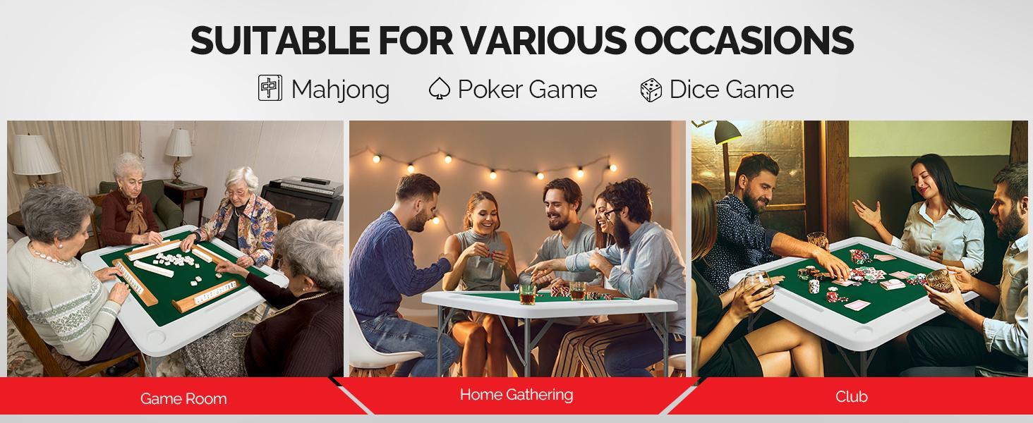 PEXMOR 39.5" Foldable Mahjong Table, Square 4 Player Card Game Table w/Cup Holders & Chip Grooves, Portable Folding Poker Domino Board Game Table for Blackjack, Texas Hold'em, Jigsaw Puzzles Game